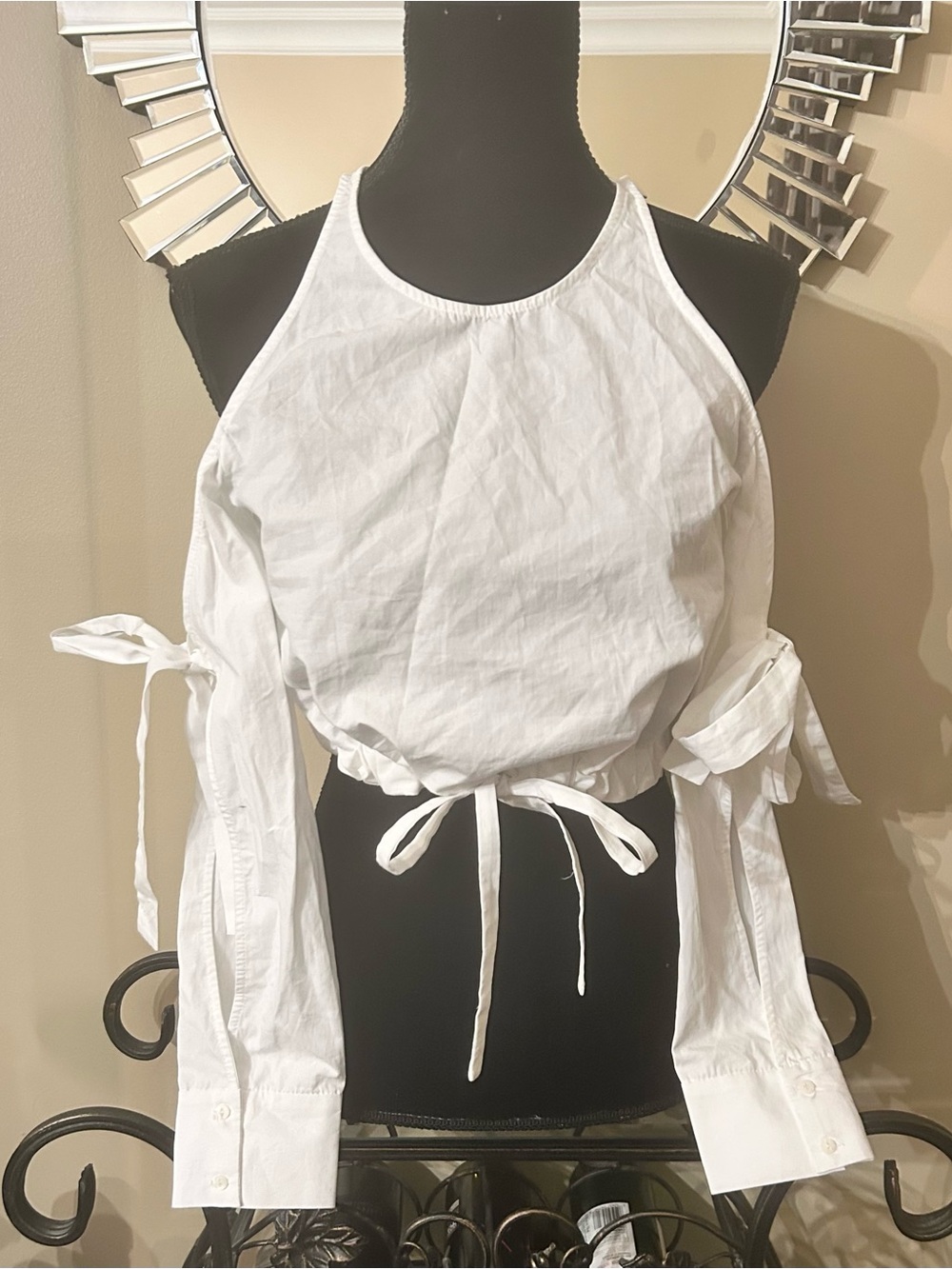 Zara White Cold-Shoulder Tie-Front Crop Top